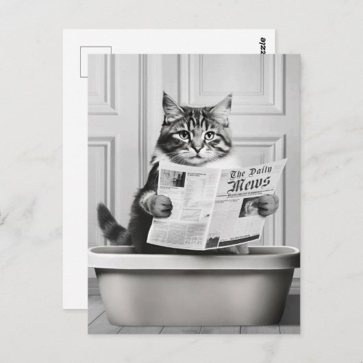 Katze sitzt auf der Toilette und liest eine Nachri Postkarte (Vorne/Hinten)