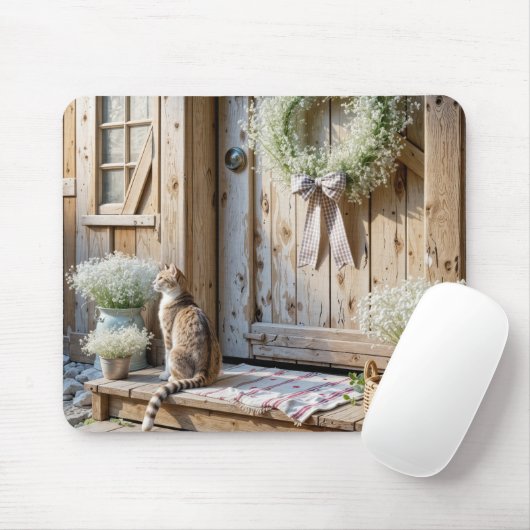Katze sitzt auf einer Veranda-Stufe eines Bauernha Mousepad (Mit Mouse)