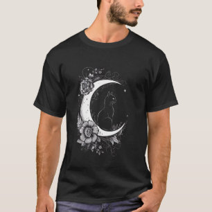 Katze sitzt auf Halbmond Blumen Sterne Zeichnung T-Shirt