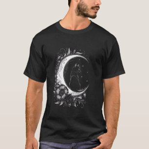 Katze sitzt auf Halbmond Blumen Sterne Zeichnung T-Shirt