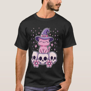 Katze sitzt auf Totenköpfen Süß Gruselige Pastell- T-Shirt