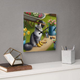 Katze sitzt im Garten / Gartenliebhaber Quadratische Wanduhr