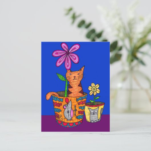 Katze sitzt in einer Blume Pot Postkarten (Stehend Vorderseite)