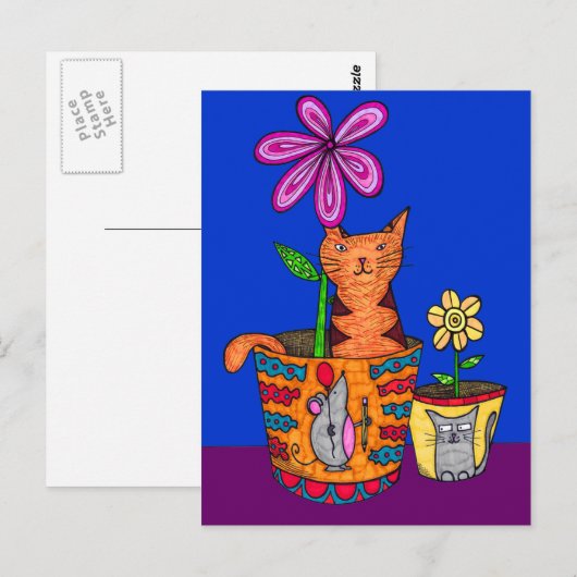 Katze sitzt in einer Blume Pot Postkarten (Vorne/Hinten)