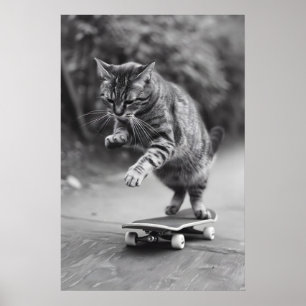 Katze Skateboard fahren Druck lustig Schwarzweiß Poster