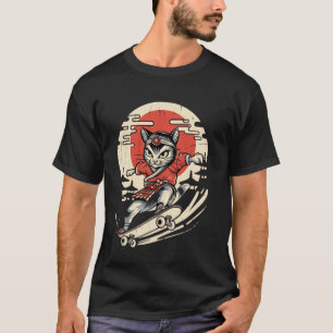 Katze Skateboarding Vintage Japanische Ukiyo e Kun T-Shirt