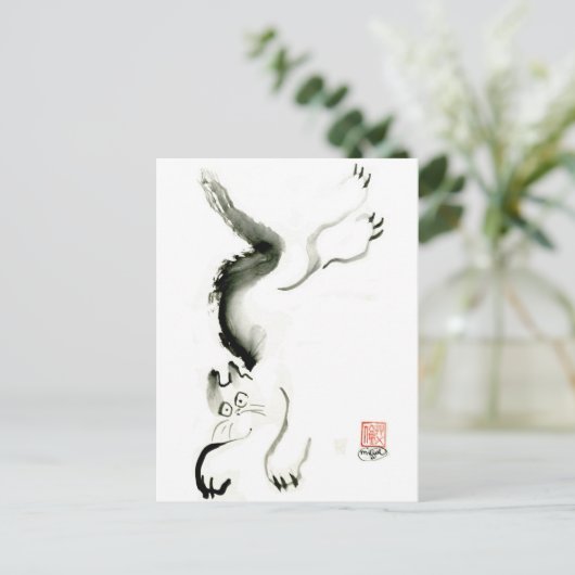 Katze Skedaddle, Sumi-e-cat Postkarte (Stehend Vorderseite)