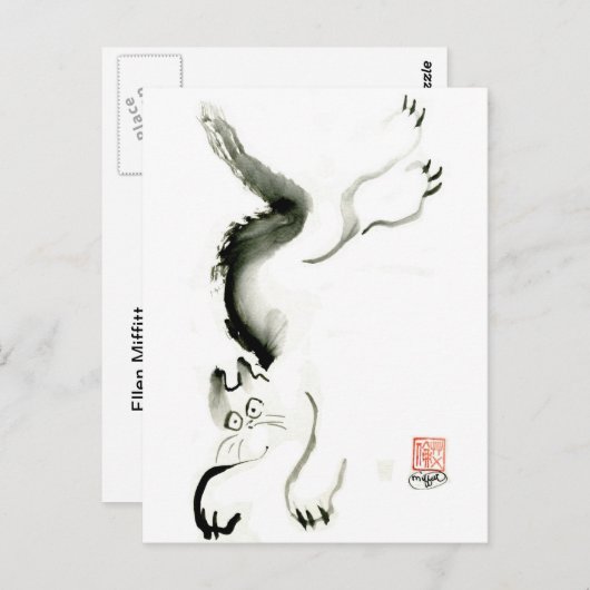 Katze Skedaddle, Sumi-e-cat Postkarte (Vorne/Hinten)