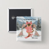 Katze Ski in Pink Outfit Junggeselinnen-Abschied Button (Vorne & Hinten)