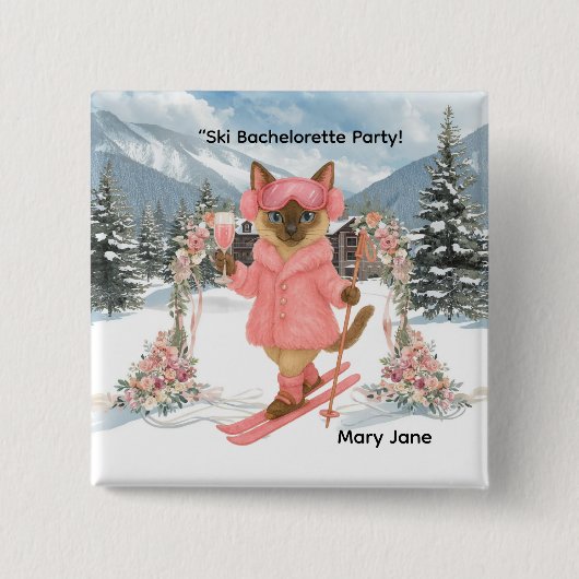 Katze Ski in Pink Outfit Junggeselinnen-Abschied Button (Vorderseite)