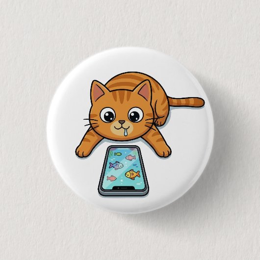 Katze spielt Fisch-Spiel Knopf Button (Vorderseite)