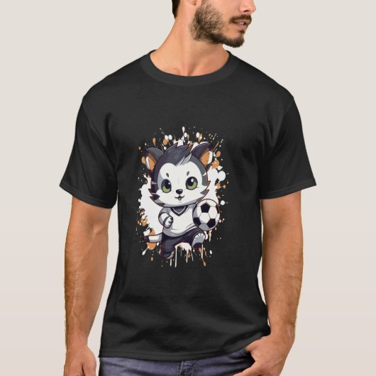 Katze spielt Fußball Comic-Maskottchen T-Shirt (Vorderseite)