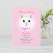 Katze & Sterne auf leicht rosa Mädchen zum Geburts Einladung (Stehend Vorderseite)