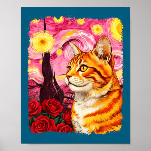 Katze Sternennacht Van Gogh Rote Rose Valentinstag Poster