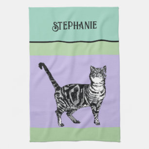 Katze Tabby Pastell Katzen Damen Hellgrün Lila Geschirrtuch