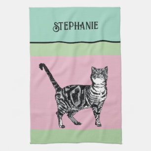 Katze Tabby Pastell Katzen Damen Hellgrün Pink Geschirrtuch