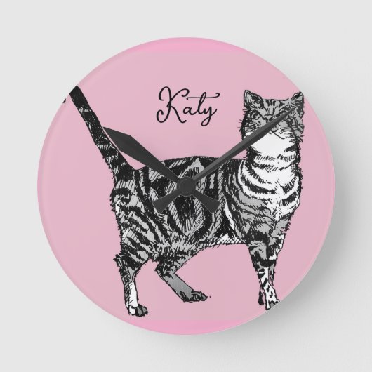Katze Tabby Pastell Katzen Mädchen Rosa Pink Haust Runde Wanduhr (Vorderseite)