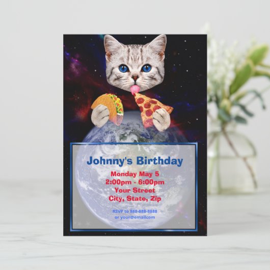 Katze, Taco und Pizza Einladung (Stehend Vorderseite)