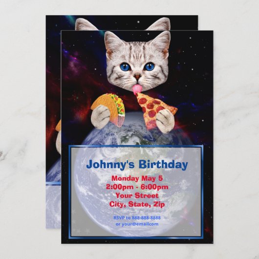 Katze, Taco und Pizza Einladung (Vorne/Hinten)