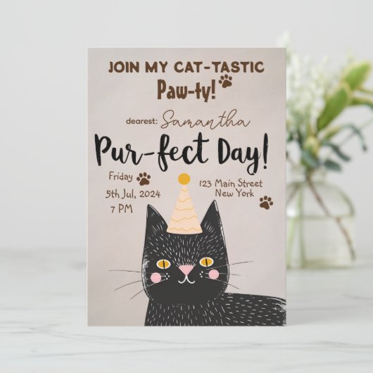 Katze-Tastic Paw-ty! Pur-fect Birthday - Black Cat Einladung (Stehend Vorderseite)