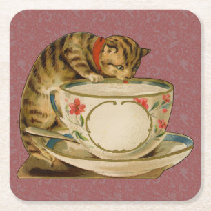 Katze Teetasse Niedlich Vintage Viktorianisch Rechteckiger Pappuntersetzer