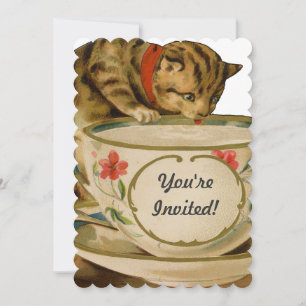 Katze Teetasse Süß Vintage Viktorianisch Haustier Einladung