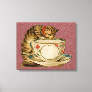 Katze Teetasse Süß Vintage Viktorianisch Haustier Leinwanddruck