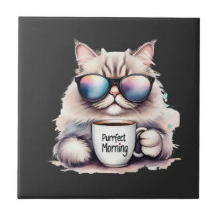 Katze trägt eine Sonnenbrille und hält eine Kaffee Fliese