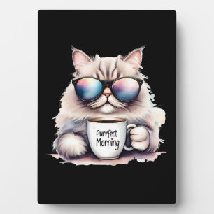 Katze trägt eine Sonnenbrille und hält eine Kaffee Fotoplatte