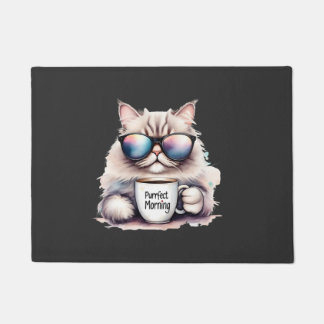 Katze trägt eine Sonnenbrille und hält eine Kaffee Fußmatte