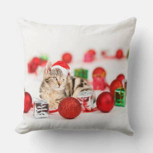 Katze trägt roten Weihnachtsmann-Hut Weihnachten Kissen