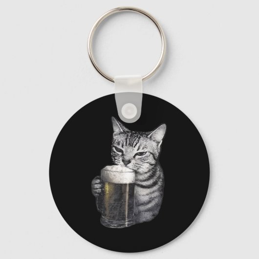 Katze trinkt Bier Schlüsselanhänger (Vorderseite)