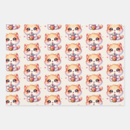 Katze trinkt Boba Niedliche Blase Tee Geschenkpapier Set