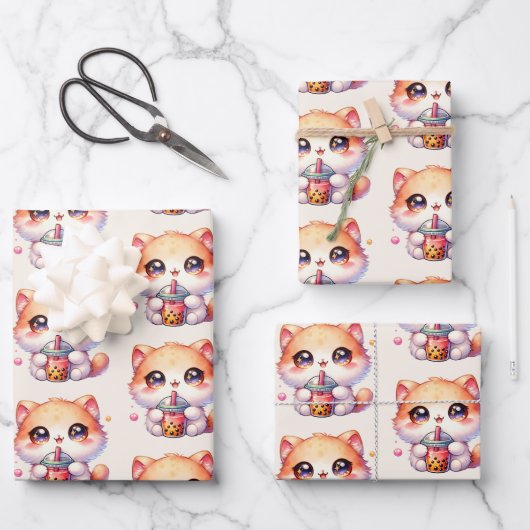 Katze trinkt Boba Niedliche Blase Tee Geschenkpapier Set (Vorderseite)