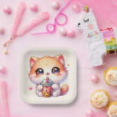 Katze trinkt Boba Niedliche Blase Tee Pappteller (Party)