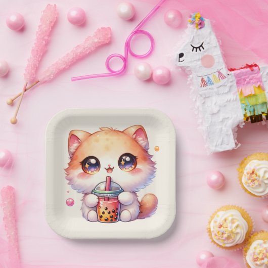 Katze trinkt Boba Niedliche Blase Tee Pappteller (Party)