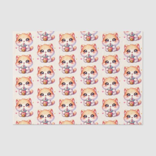 Katze trinkt Boba Niedliche Blase Tee Seidenpapier (Vorderseite)