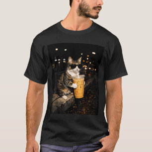 Katze trinkt Eiskaffee lustiges Tier Meme Retro T-Shirt