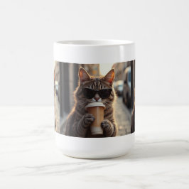 Katze trinkt Kaffee auf einer Straße Kaffeetasse