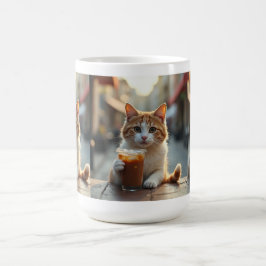 Katze trinkt Kaffee auf einer Straße Kaffeetasse