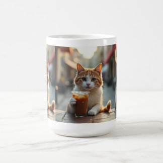 Katze trinkt Kaffee auf einer Straße Kaffeetasse