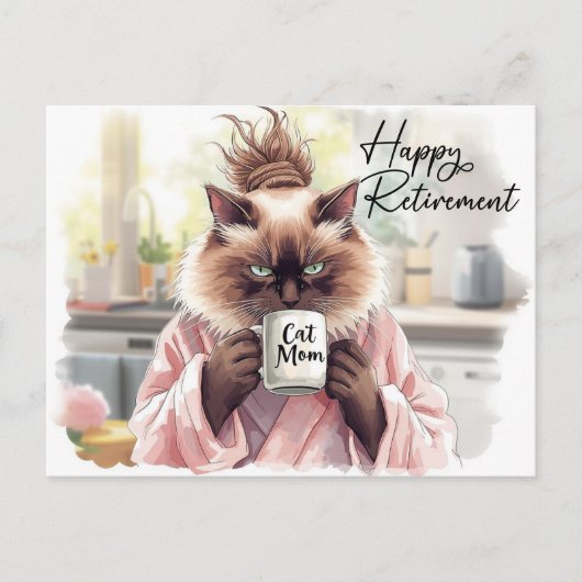 Katze trinkt Tee Glücklicher Ruhestand Postkarte (Vorderseite)