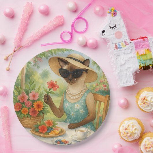 Katze trinkt Tee im Garten Pappteller (Party)