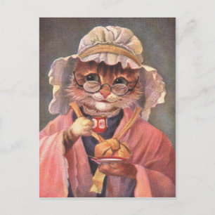 Katze trinkt Tee Vintage Postkarte frühe 1900er Ja