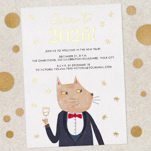 Katze Tuxedo Silvester 2026 Folien-Party-Einladung Folien Feiertagskarte