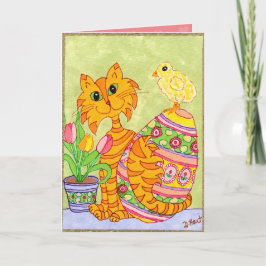 Katze u. Küken mit Ei-u. Tulpe-Volkskunst Ostern Feiertagskarte