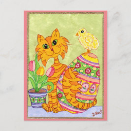 Katze u. Küken mit Ei-u. Tulpe-Volkskunst Ostern Feiertagspostkarte