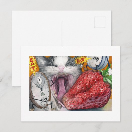 Katze, Uhr und Erdbeere Postkarte (Vorne/Hinten)