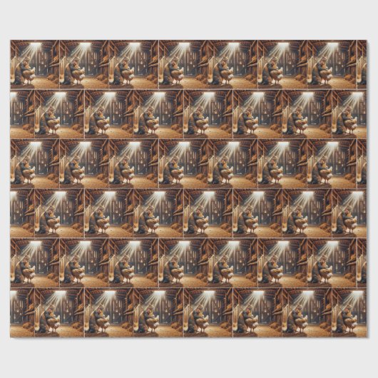 Katze umarmt ein Hühnchen auf einer Farm Geschenkpapier (Flach)