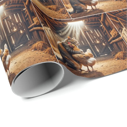 Katze umarmt ein Hühnchen auf einer Farm Geschenkpapier (Rolleneckpunkt)